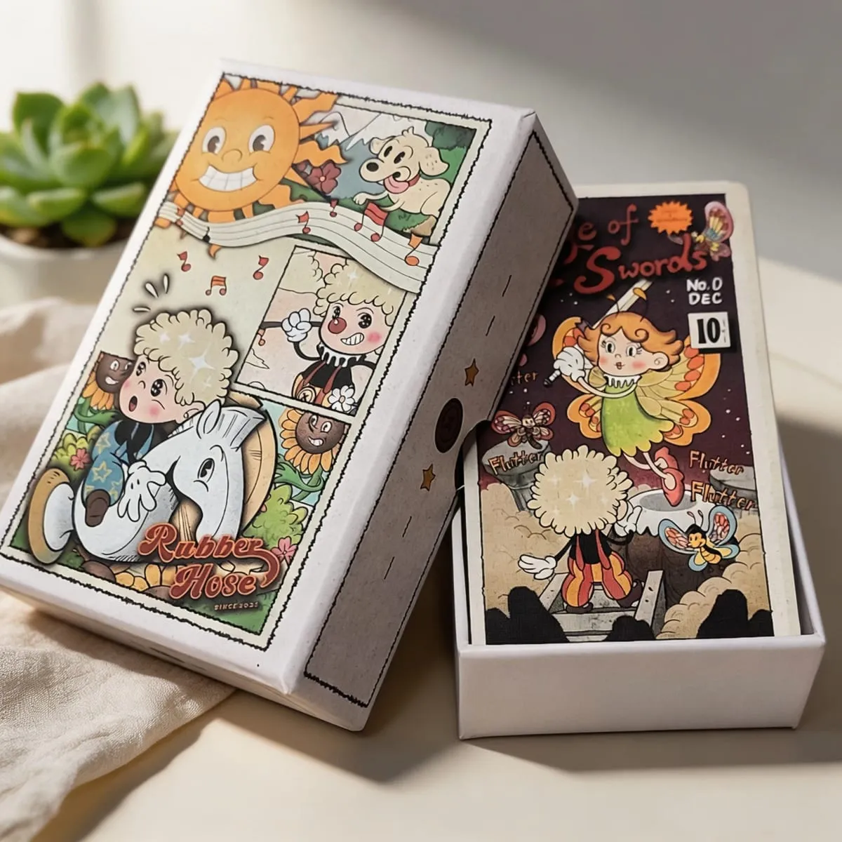 Baralho de tarô com mangueira de borracha vintage, 12*7cm, em relevo duplo, em caixa rígida, 78 cartas de tarô de arte de desenhos animados antigos