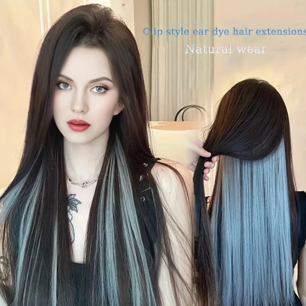Extensões de cabelo sintéticas, coloridas, com prendedor, longo, reto, pendurado na orelha, tingimento, peça de cor, fina, sem costura, cabelo falso — image 4