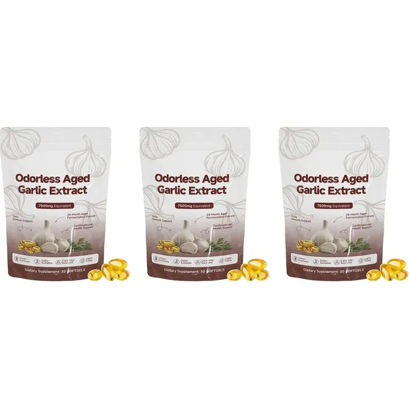 Extrato de alho envelhecido inodoro 7500mg Softgels equivalentes 30 contagens Suplemento diário de alho Coração e suporte geral de bem-estar
