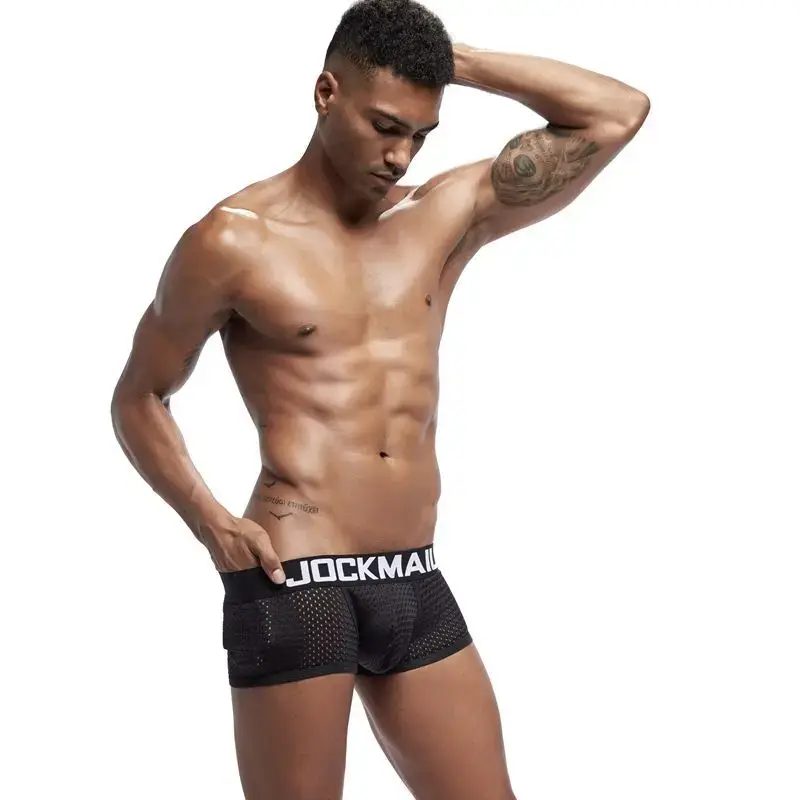 Jockmail Boxers Sexy Mens Panties Mesh Quick-drying Breathable Calzoncillos Solid Color Simple Boxers Hombre Semi-transparent