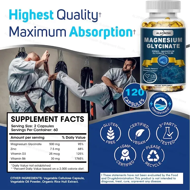 Suplemento original de glicinato de magnésio 500 mg - alta absorção para músculos do sono e suporte repousante - zinco D3 B6