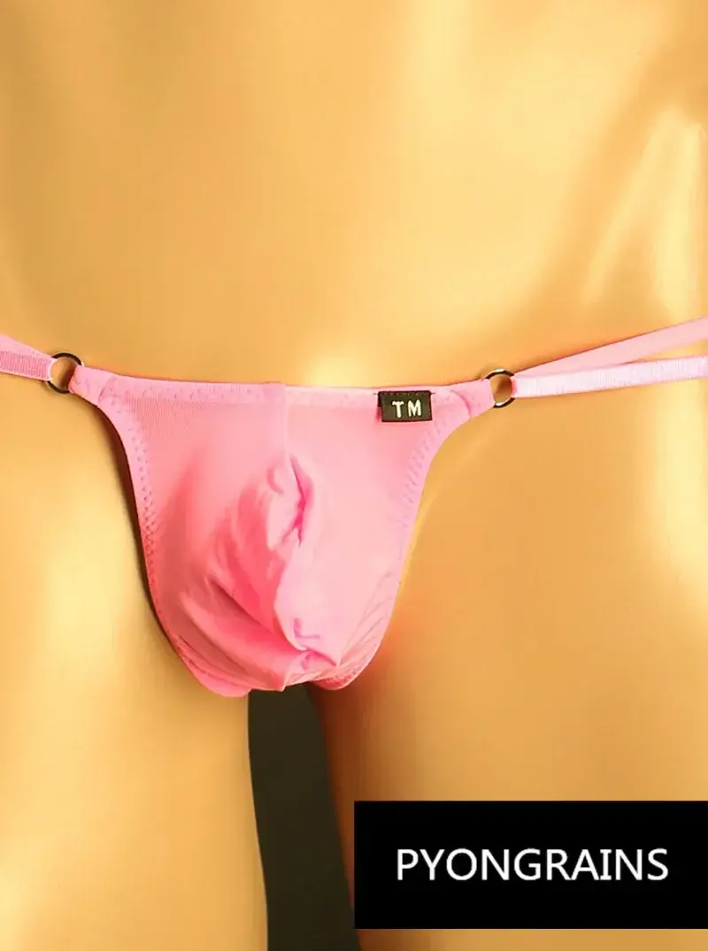 Men Adjustable Metal O-Ring Double Thin Strap Bikini Briefs Low Rise Silky Ice Silk 3D U Convex Pouch Sexy Male Underwear