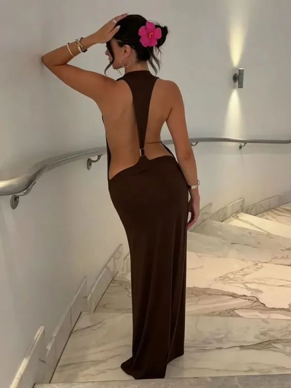 Sólido halter sem costas lado recorte maxi vestido feminino estiramento jérsei até o chão magro bodycon vestidos noite clube férias robe — image 10
