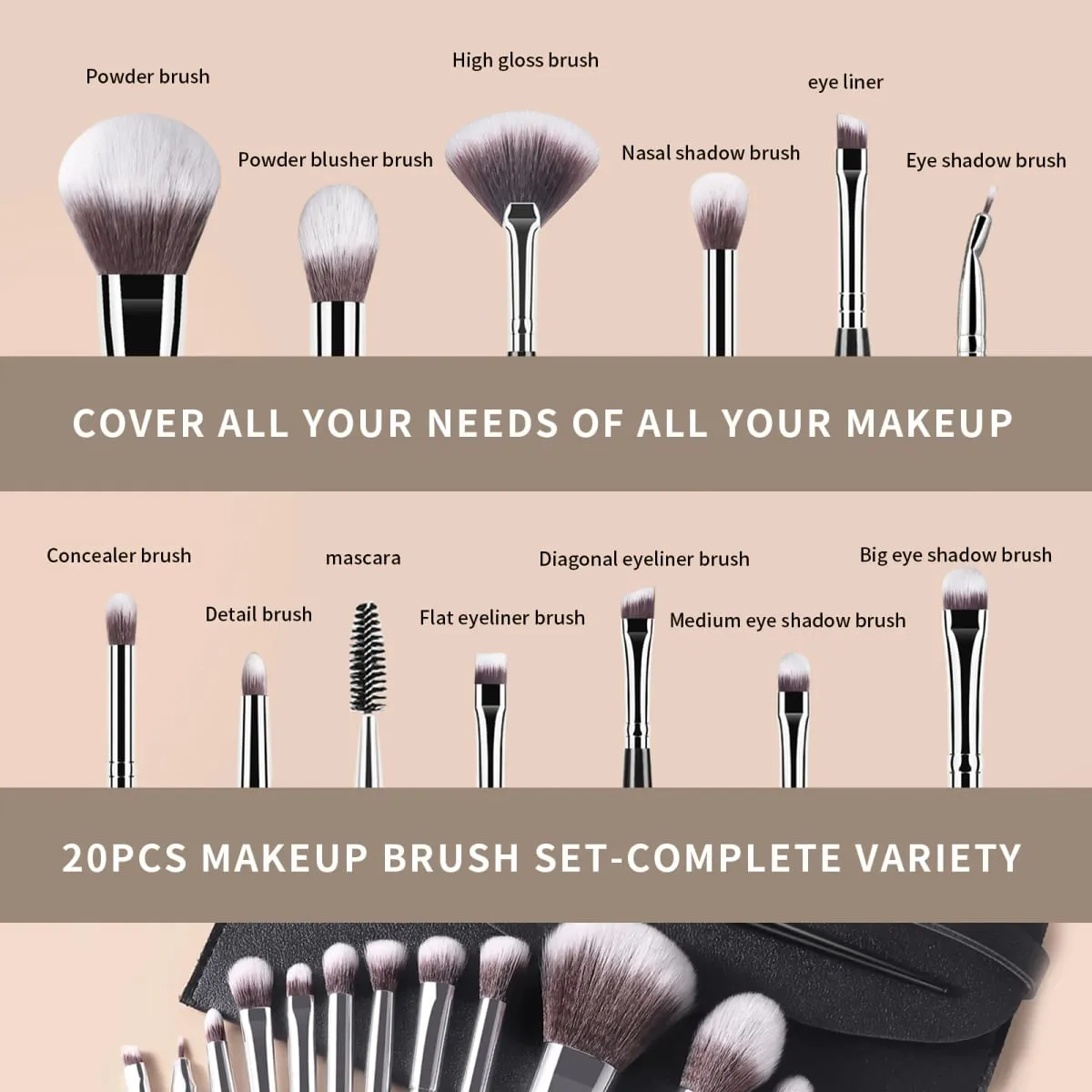 Conjunto de pincéis de maquiagem, 20 peças, base em pó, blush, sombra, sobrancelha, ferramentas cosméticas com bolsa de armazenamento