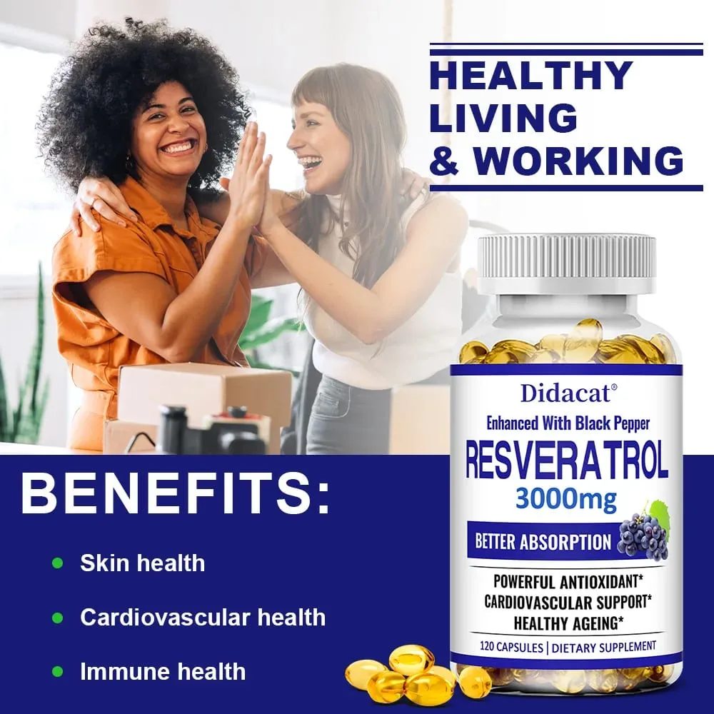 Resveratrol 3000 Mg Antioxidant Supports Brain Immune Joint and Cardiovascular Health Improves Skin Gluten Free Non-GMO