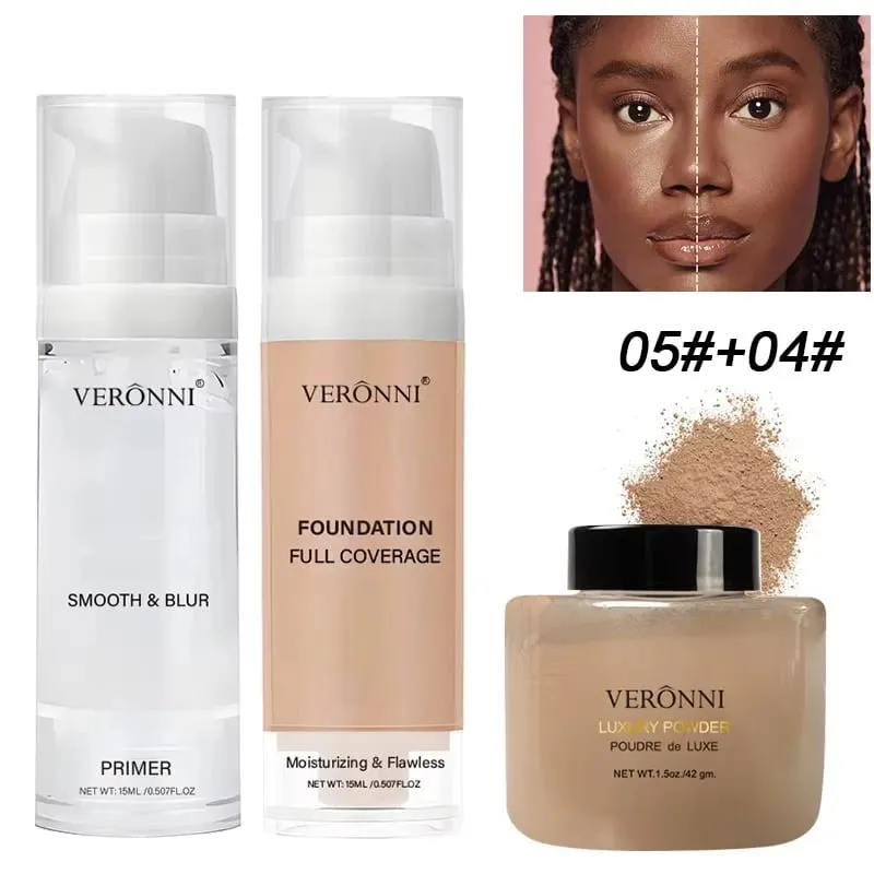 Kit de maquiagem facial para iniciantes, 3 peças, base fosca, primer hidratante, controle de óleo, pó solto, cobertura completa, corretivo facial