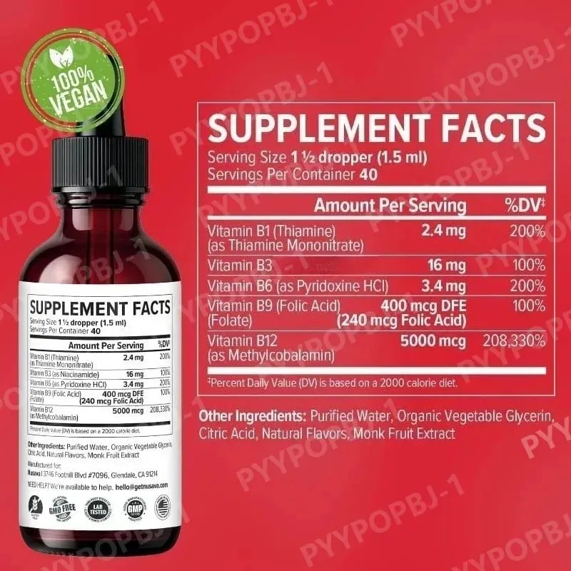 Gotas líquidas de complexo de vitamina B 5 em 1 B12 B6 B1 Niacina Folato Suporte para metabolismo de energia normal Saúde do sistema imunológico