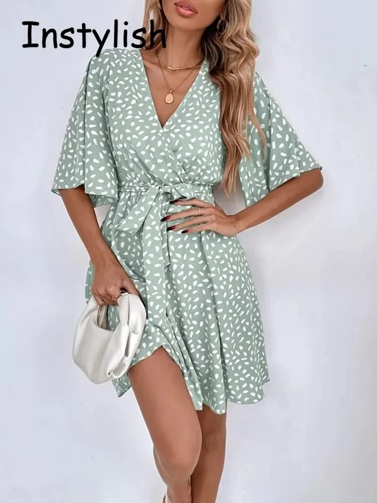 Casual dot print mini vestido com cinto elegante chique meia manga v pescoço a linha vestido de verão vintage harajuku vestido curto praia festa