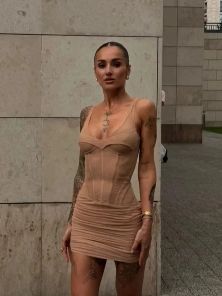 Sexy sólido fishbone com decote em v vestido feminino elegante sólido sem mangas plissado cintura fina-cinching mini vestidos de festa de verão 2026
