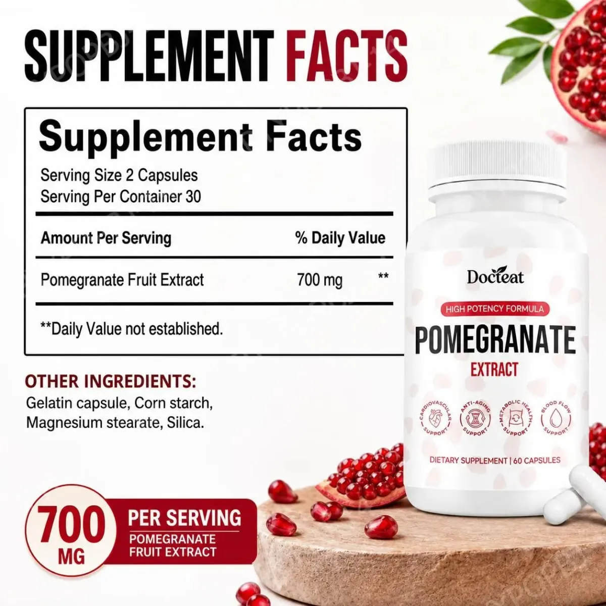 Docteat Cápsulas de Extrato de Fruta de Romã Elagitanino Antioxidante Defesa Suporte Imunológico e Equilíbrio Oxidativo 60 Cápsulas