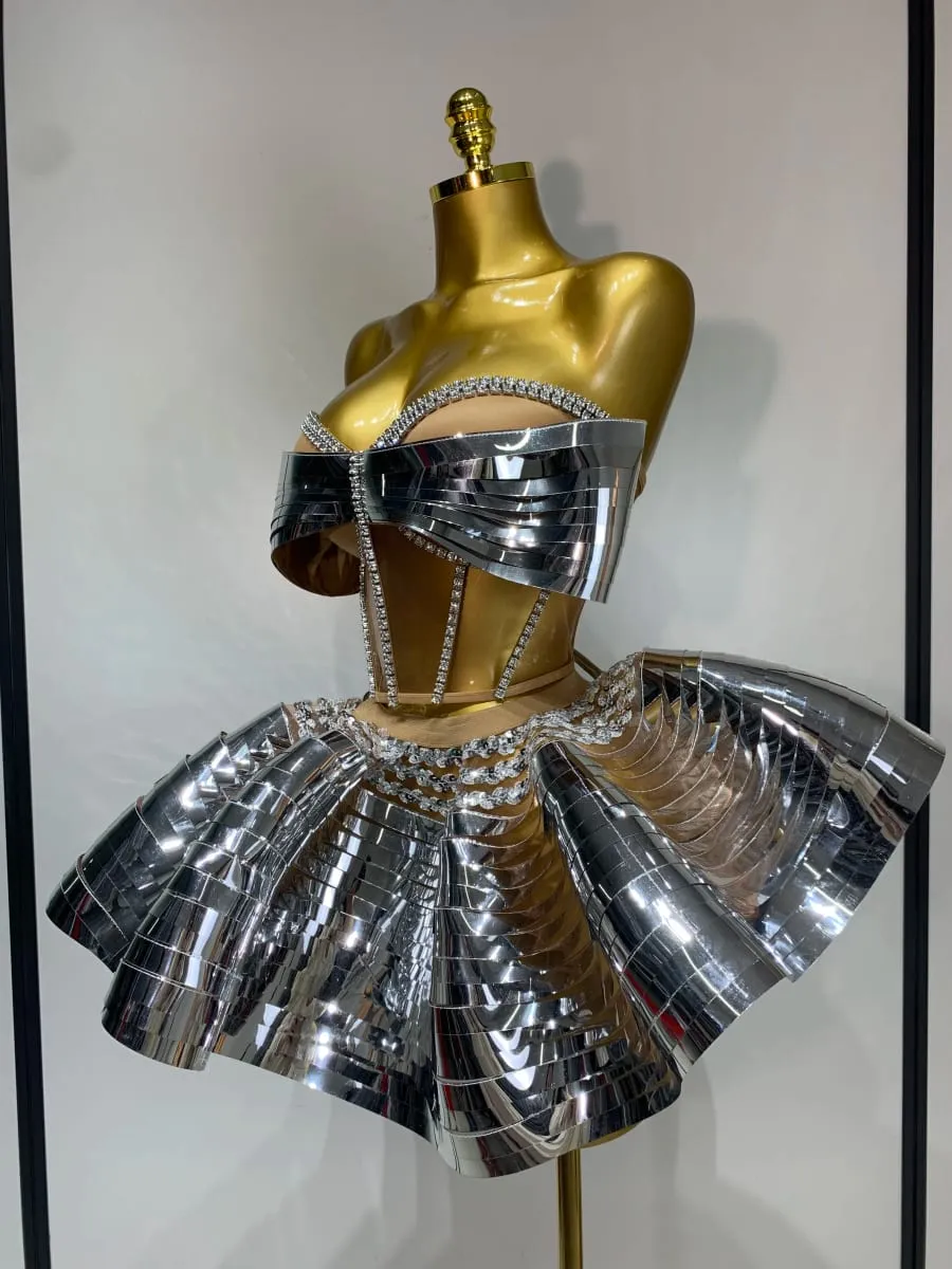 Women Stage Performance Costume Two Piece Set Silver Sequins Rhinestone Fancy Outfit Sexy Backless Shiny Birthday Party Dresses