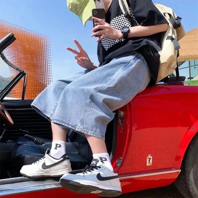 Jeans Pants Men Summer Short Jeans Big-Pockets Breeches Hip Hop Streetwear Baggy Denim Shorts Casual Wide-Leg Capris Pants