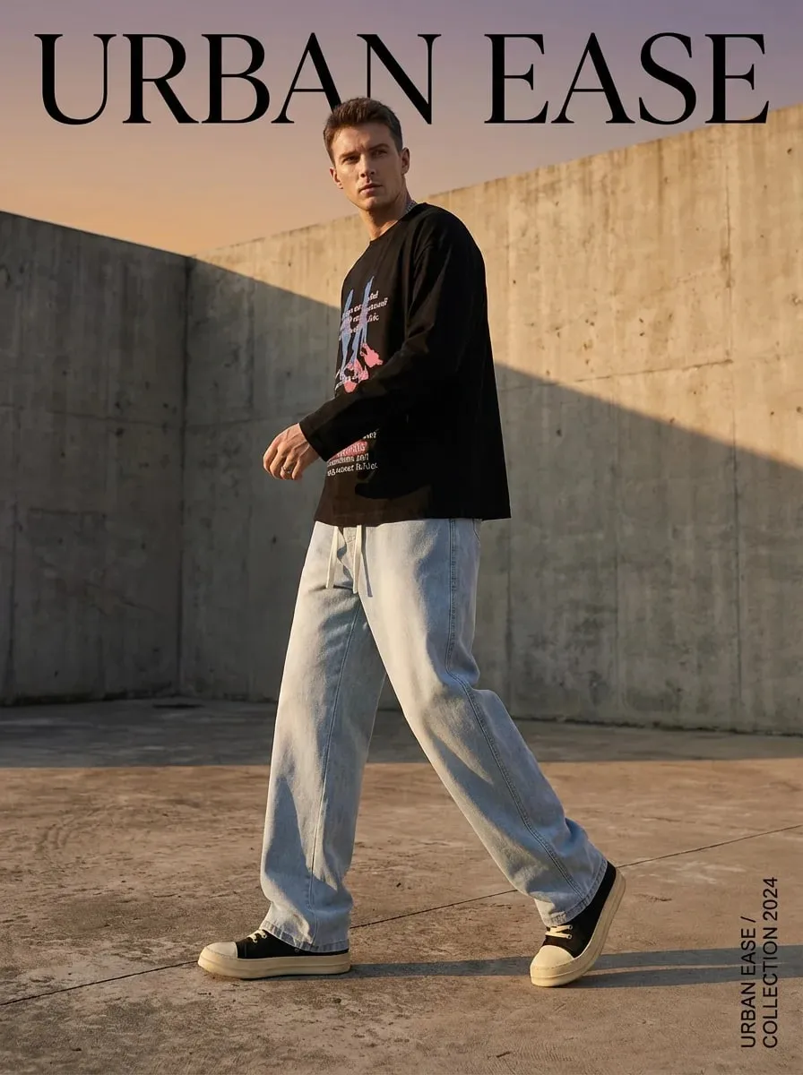 Calça jeans solta masculina, azul claro, cintura elástica, cordão, primavera, verão, outono e inverno, versátil, confortável, ajuste casual, calças jeans