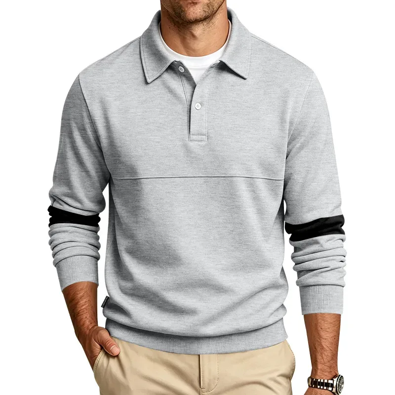 Men Lapel Polo Sweatshirt, Color Block Long Sleeve Pullover, Loose Solid Casual Top for Spring Autumn Daily Outfit