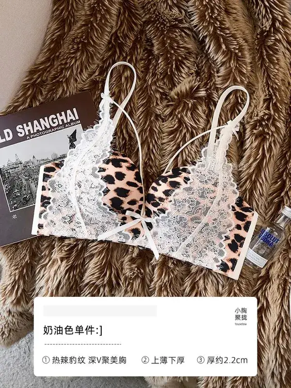 Conjunto de lingerie feminina leopardo renda 32-38ab sem fio push up sutiã lateral suporte de peito anti-sag sexy puro desejo roupa interior — image 8
