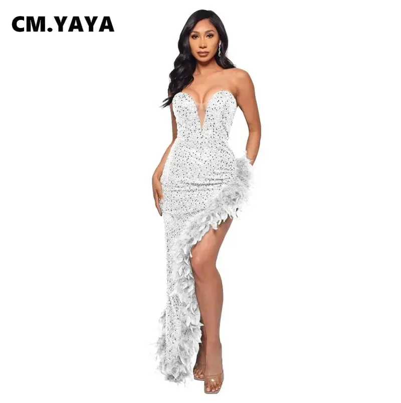 yaya feminino lantejoulas sem alças pena alta lateral divisão sem alças bodycon midi maxi vestido sexy clube até vestidos de festa