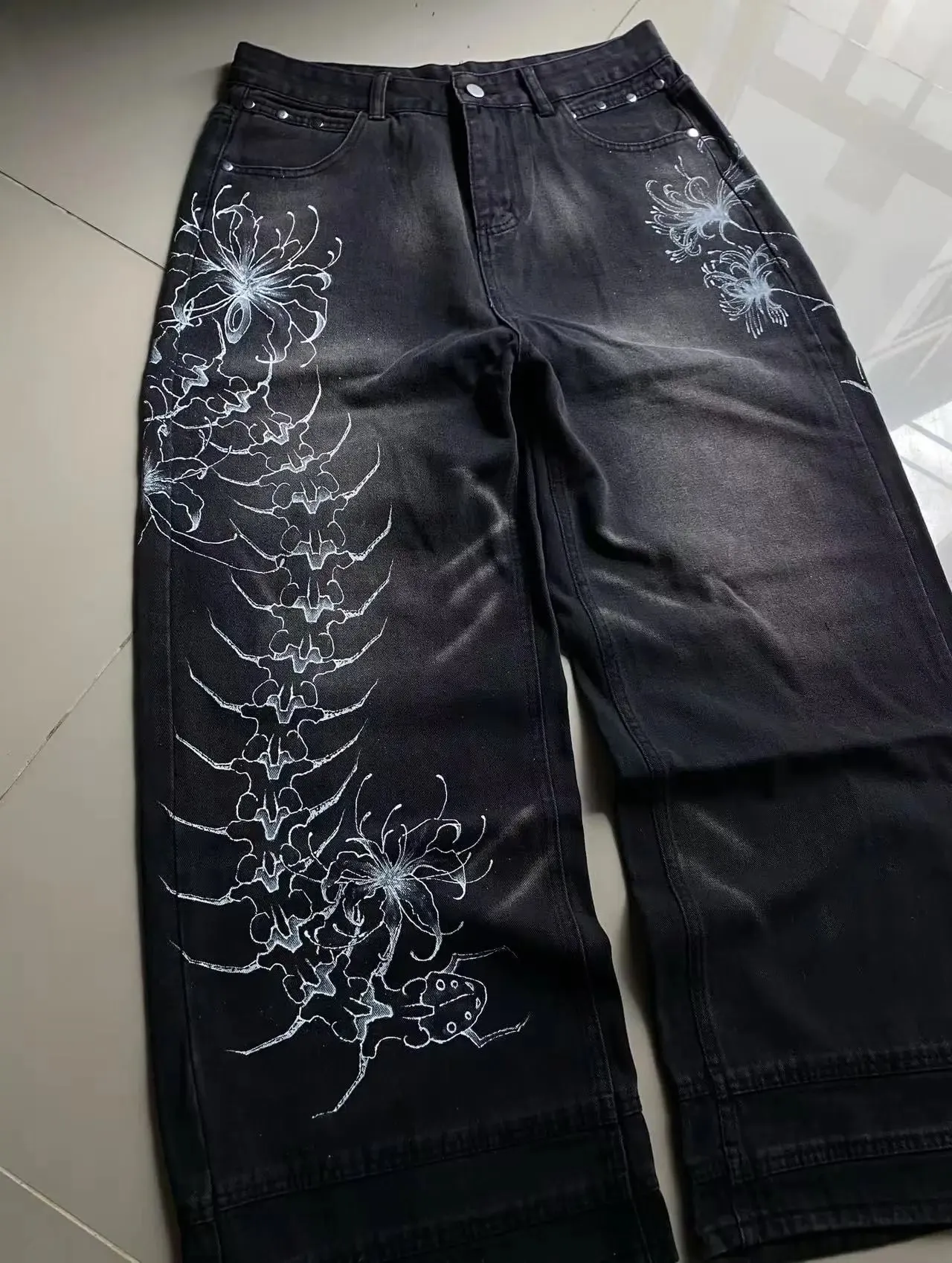 Y2K Vintage Gótico High Street Denim Preto Lavado Gradiente Espinha Aranha Lírio Estampa Jeans Perna Larga