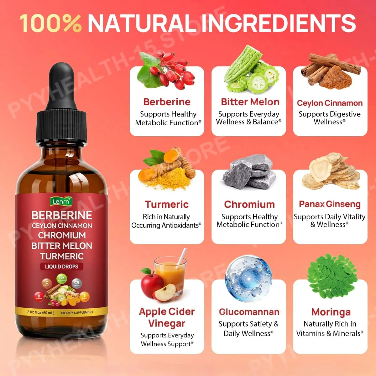 Lenm Berberine Liquid Drops com Ceilão Canela Cromo Melão Amargo Cúrcuma para Suporte ao Bem-Estar Metabólico 60ml 30 Porções — image 4