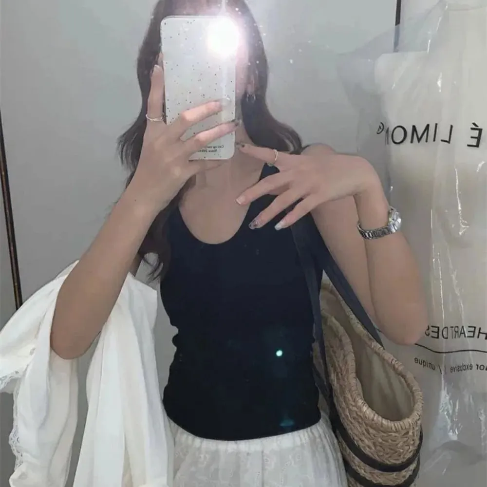 Estilo coreano com almofada no peito cinta colete u-pescoço cor sólida sem costas sem mangas superior emagrecimento feminino camis verão