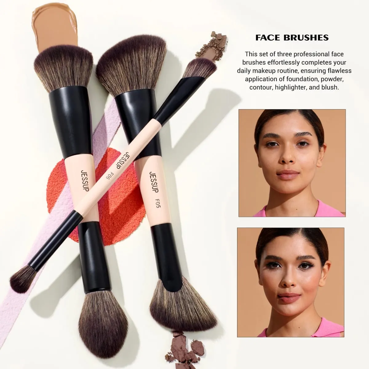 Jessup pincéis de maquiagem conjunto 3/5/7 pçs dupla face escova de maquiagem fundação sombra em pó mistura crueldade-livre pêssego poeira t600