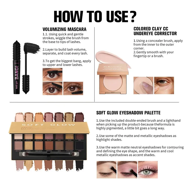 3pcs/set CC Full Coverage Undereye Color Corrector Glow Eyeshadow Palettes Volumizing Mascara Lasting Beauty Eyes Makeup Kit