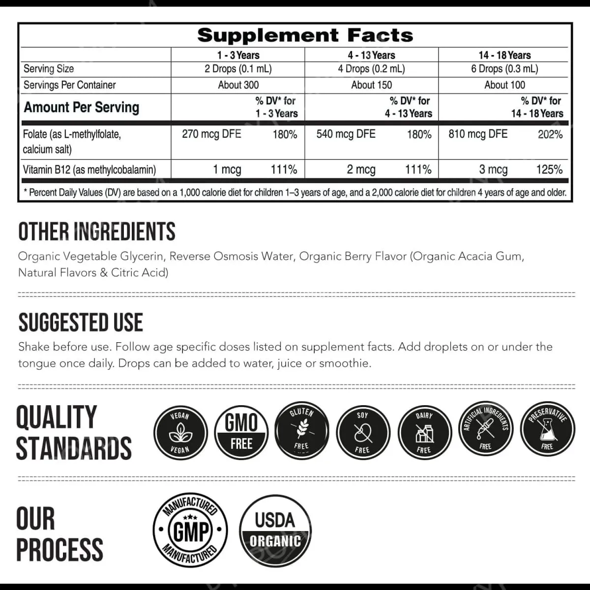 Gotas líquidas infantis de L-Metilfolato 5-MTHF com suporte de folato ativo de metil B12 1 fl oz USDA orgânico vegano não OGM — image 2