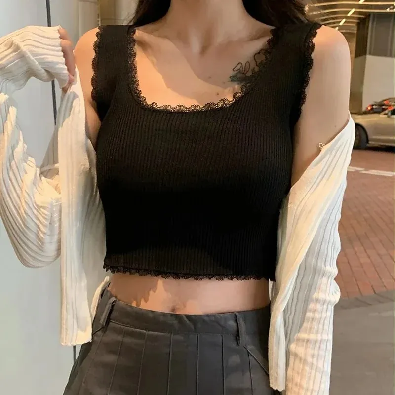 Regatas femininas simples rendas até colheita tanque superior para mulher básico sólido sexy colheita topos pescoço quadrado simples colheita topos