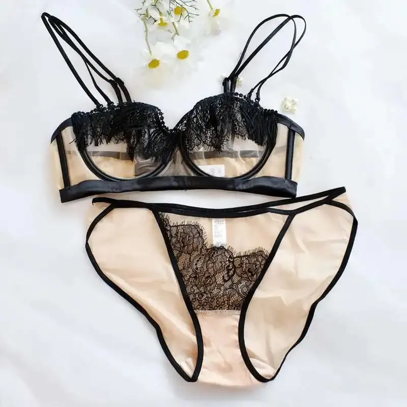 Light Luxury Sexy French Backless Bra Set - Sheer Mesh Minimizer Bralette Ultra-Thin Lace Lingerie Limited Stock Sale
