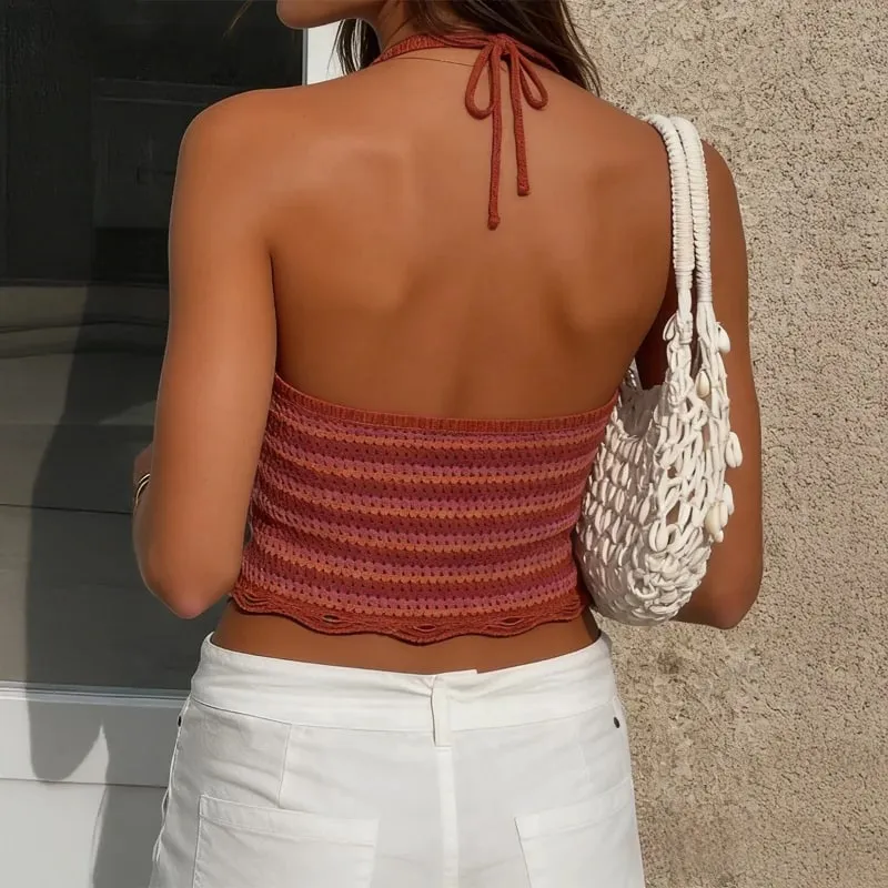 Mulheres primavera verão halter malha cami top profundo decote em v listra gradiente sem mangas recortada regata casual