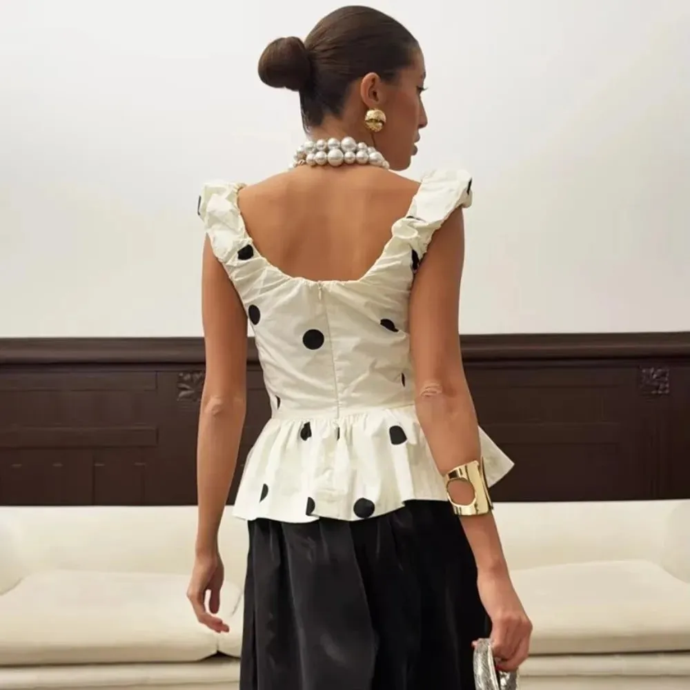 Slim Deep V Neck Polka Dot Tank Top Off-shoulder Ruffled Sleeveless Silk Vest Backless Lace Camis Female