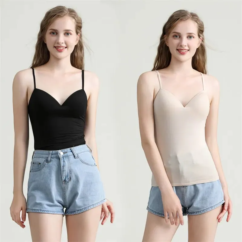 Novo sutiã acolchoado ajustável regata feminina modal espaguete sólido cami top colete feminino camisola com sutiã embutido roupas de fitness