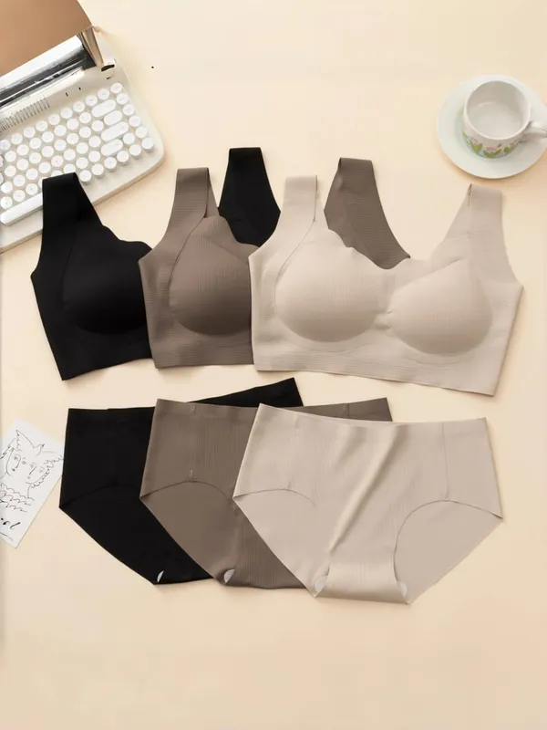 3 conjuntos de sutiã com alça larga sem fio canelado e conjuntos de lingerie breves sem costura combinando