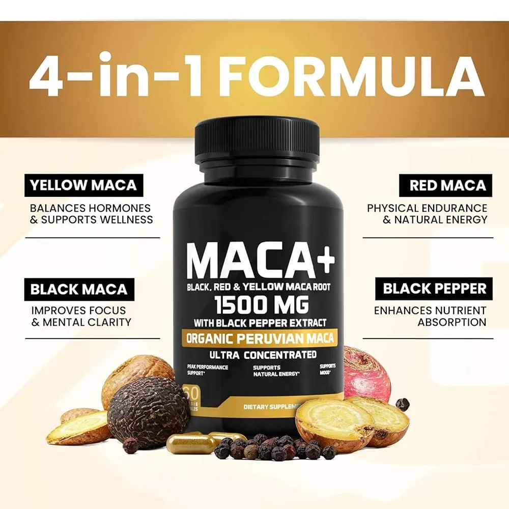 1500mg Raiz de Maca Orgânica Preto Vermelho e Amarelo - 60 Cápsulas - Cápsulas de Raiz de Maca Preta para Homens Suplemento - Não OGM Sem Glúten