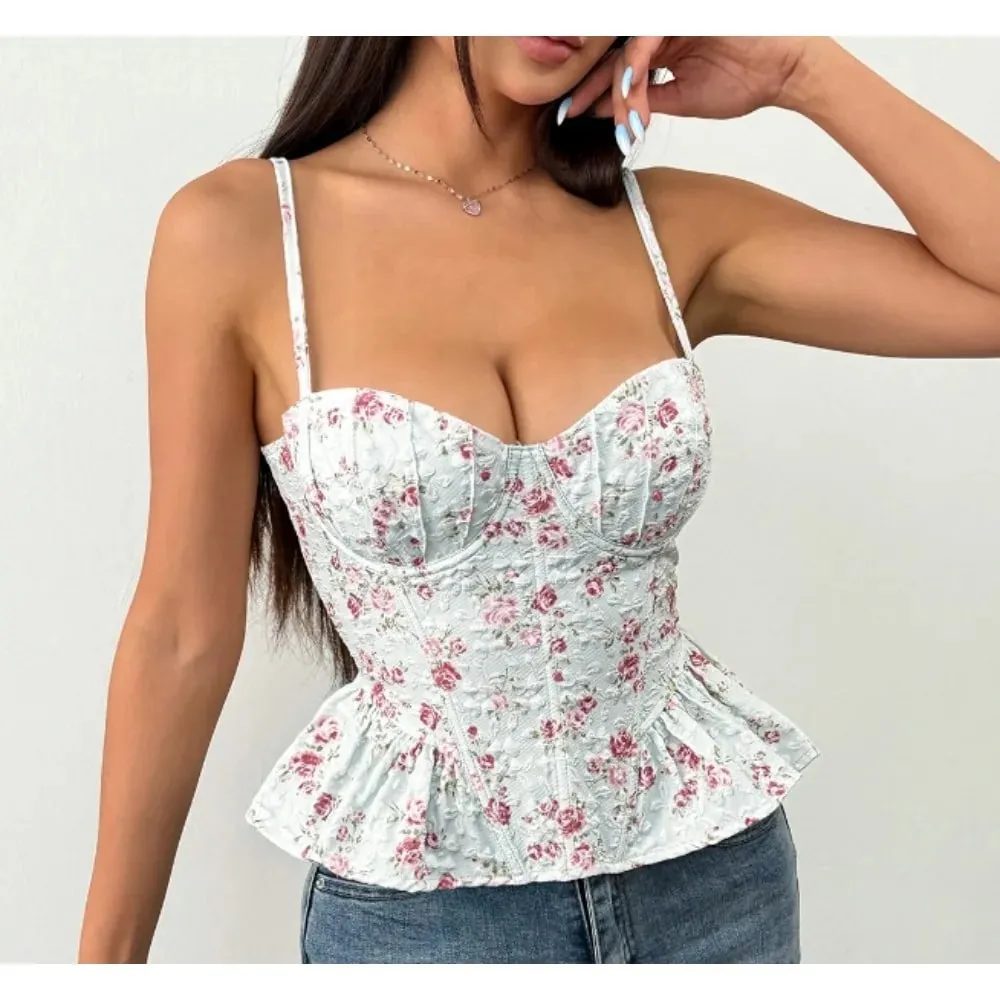 Sexy tenký korzet s volánkovým potiskem Elegantní tílko korejské Camis Základní móda Letní Dámské Oblečení Bez ramen