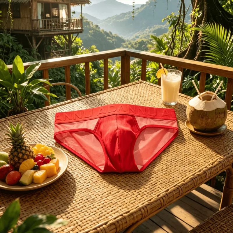 Cueca triangular masculina de cintura baixa, painel de malha lateral, material de grão vertical, bolsa de contorno 3D, letra em relevo, elástico largo
