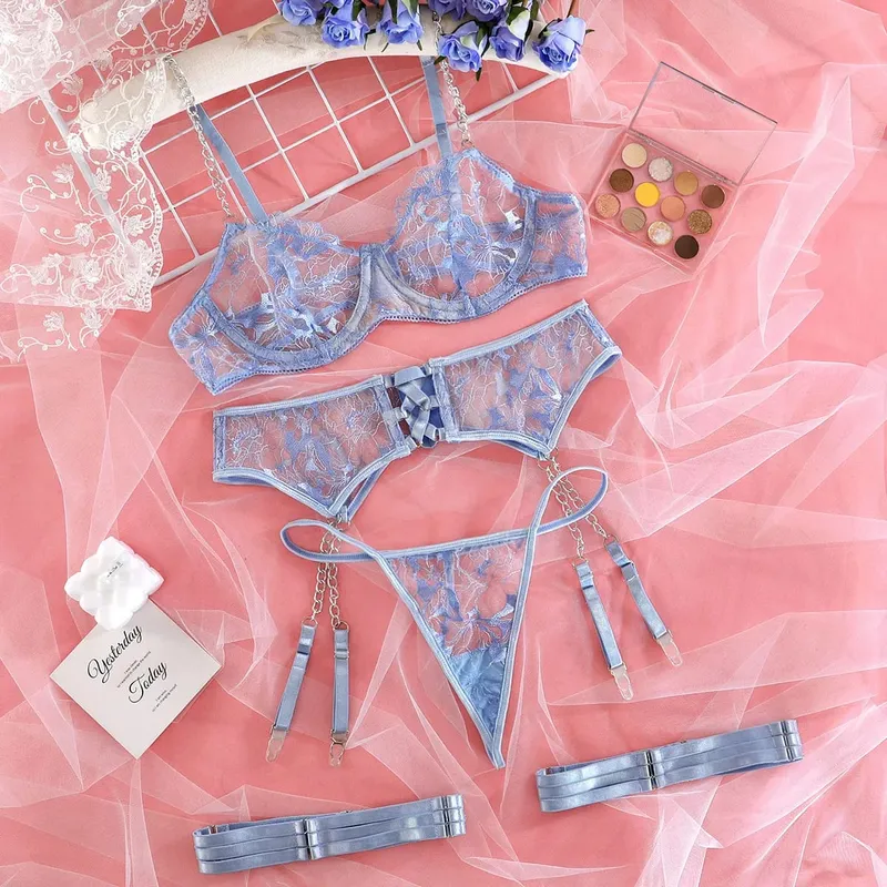 Solid Mesh Embroidered Lingerie Set Women's Thin Chain Exotic Apparel Suit with Garters Hollow Cross Underwear Four Pieces Set