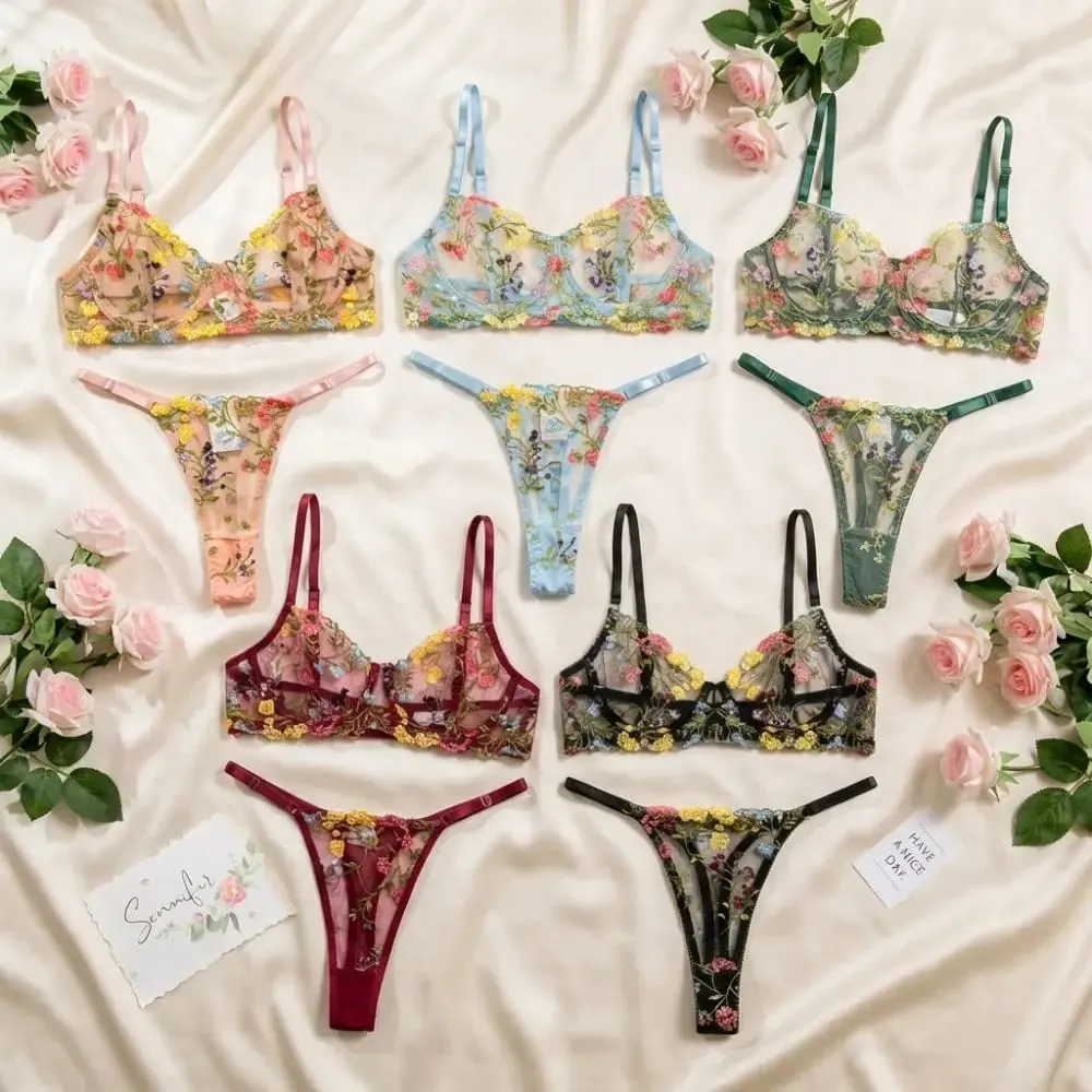 Conjunto de lingerie floral de 2 peças, roupa íntima transparente e versátil, íntima, bordado, sutiã push-up, conjunto de calcinha para mulheres e meninas — image 3