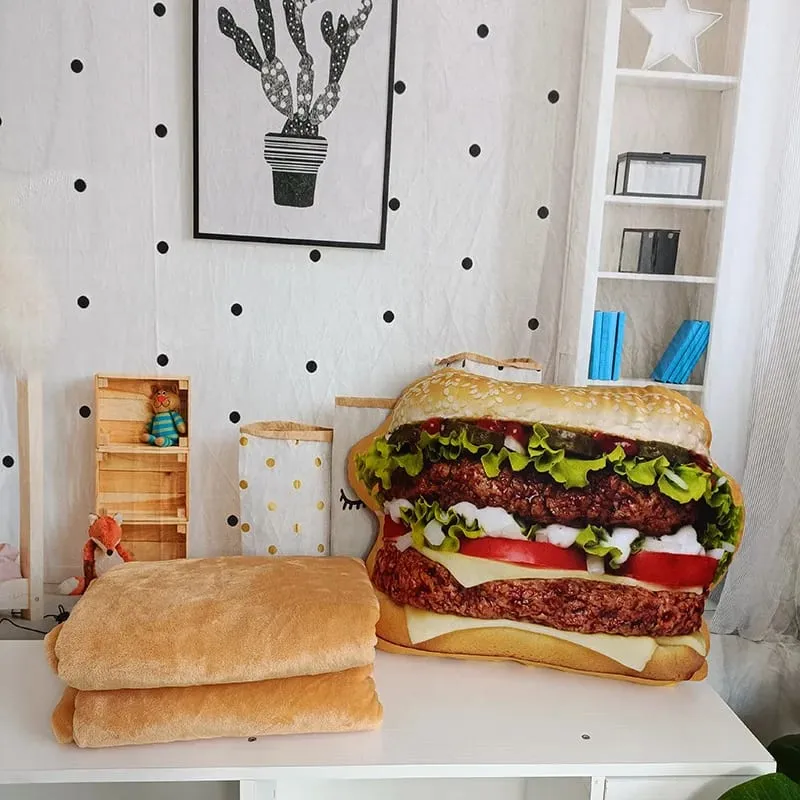 Lifelike Plush Hamburger Pillow Toy Simulation Stuffed Fast Food Hamburger Throw Pillow with Blanket 2 In 1 Cushion