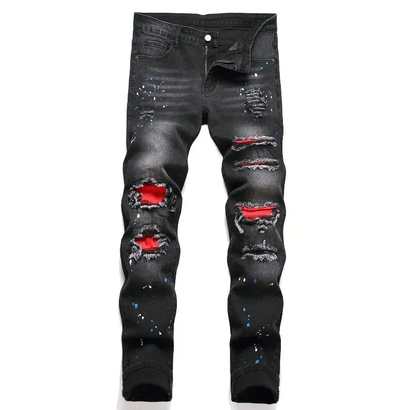 2025 outono novo estiramento jeans moda rasgado retalhos magro europeu americano calças masculinas pintura dot hip hop denim calças — image 2