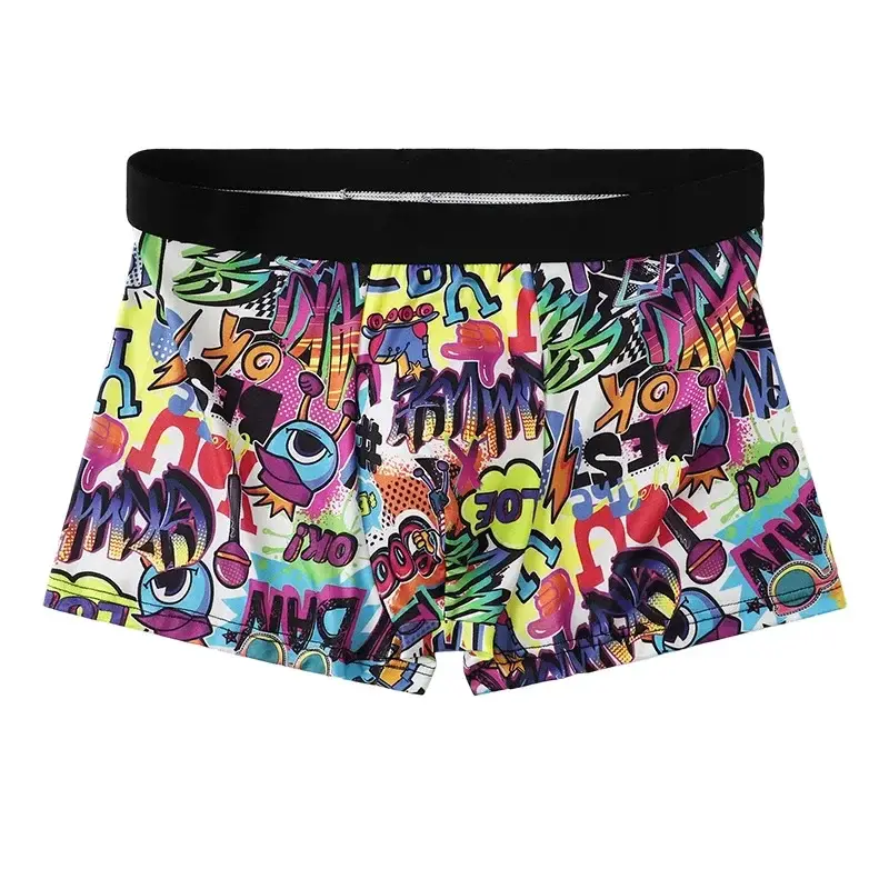 5 pçs aleatório masculino respirável boxer roupa interior com padrões de graffiti coloridos cintura elástica roupa interior na moda e na moda