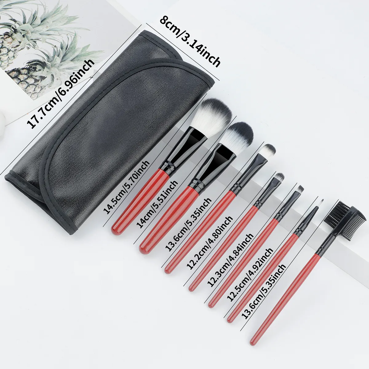 Conjunto de pincéis de maquiagem com cabo vermelho vinho, 7 peças, com bolsa de armazenamento de couro pu, cerdas macias, pó, blush, sombra, kit de pincéis cosméticos