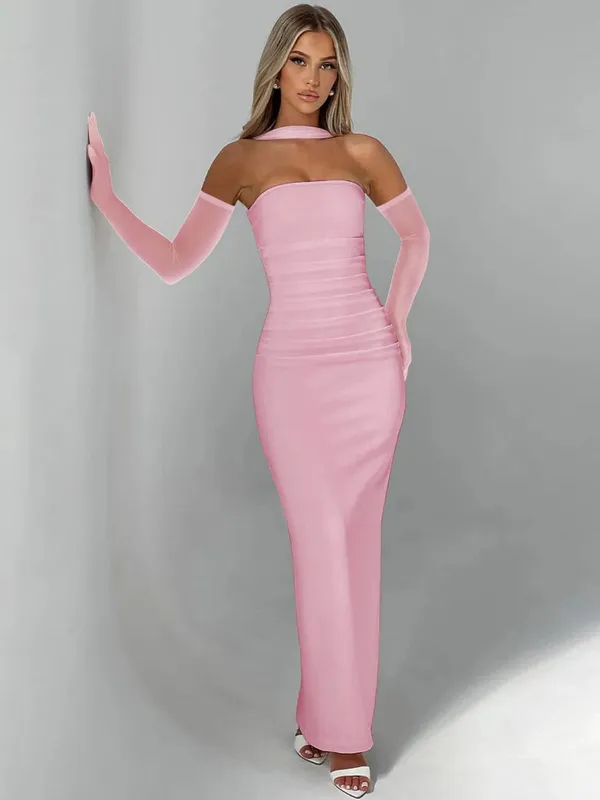 Hugcitar elegante cachecol sem alças luvas de malha sólida sexy bodycon maxi vestido de baile feminino moda y2k roupas festa de casamento aniversário