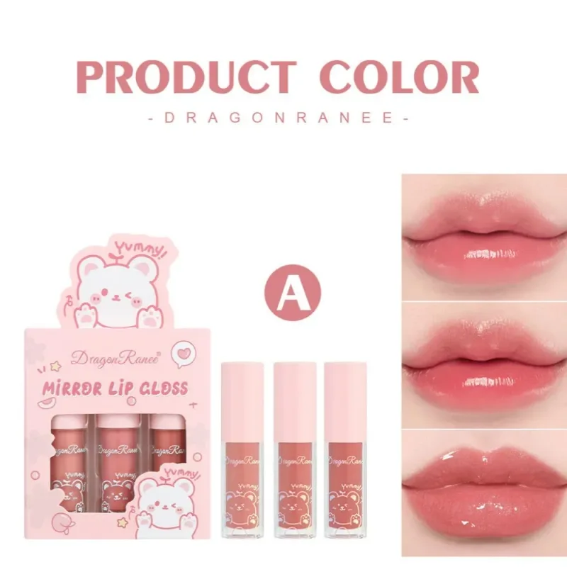Dragão ranee 3 pçs espelho conjunto de brilho labial hidratante brilhante brilho labial hidratante pérola batom líquido dos desenhos animados conjuntos de brilho labial