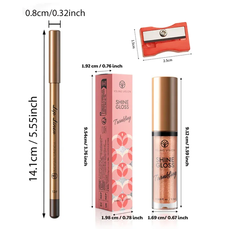 2pc Set Matte Lip Liner And Starry Glitter Lip Gloss Pearlescent Fine Shimmer Long-Lasting Hydration Non-Sticky Makeup