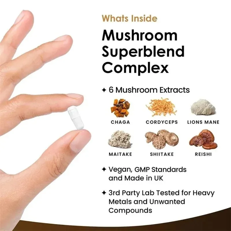 Complexo Super Blend de Cogumelos - Cérebro, Sistema Nervoso, Suplementos de Saúde e Memória, Imunidade, Sono, Energia, Suporte ao Humor