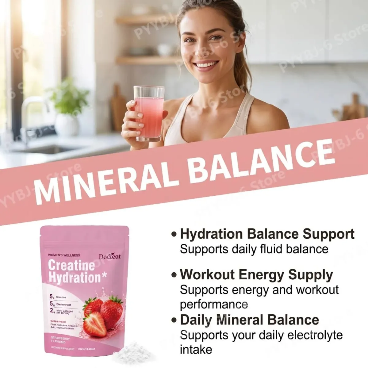 Docteat creatina em pó eletrólitos colágeno vitamina c biotina açúcar livre sabor morango feminino fitness bem-estar 30 porções — image 4