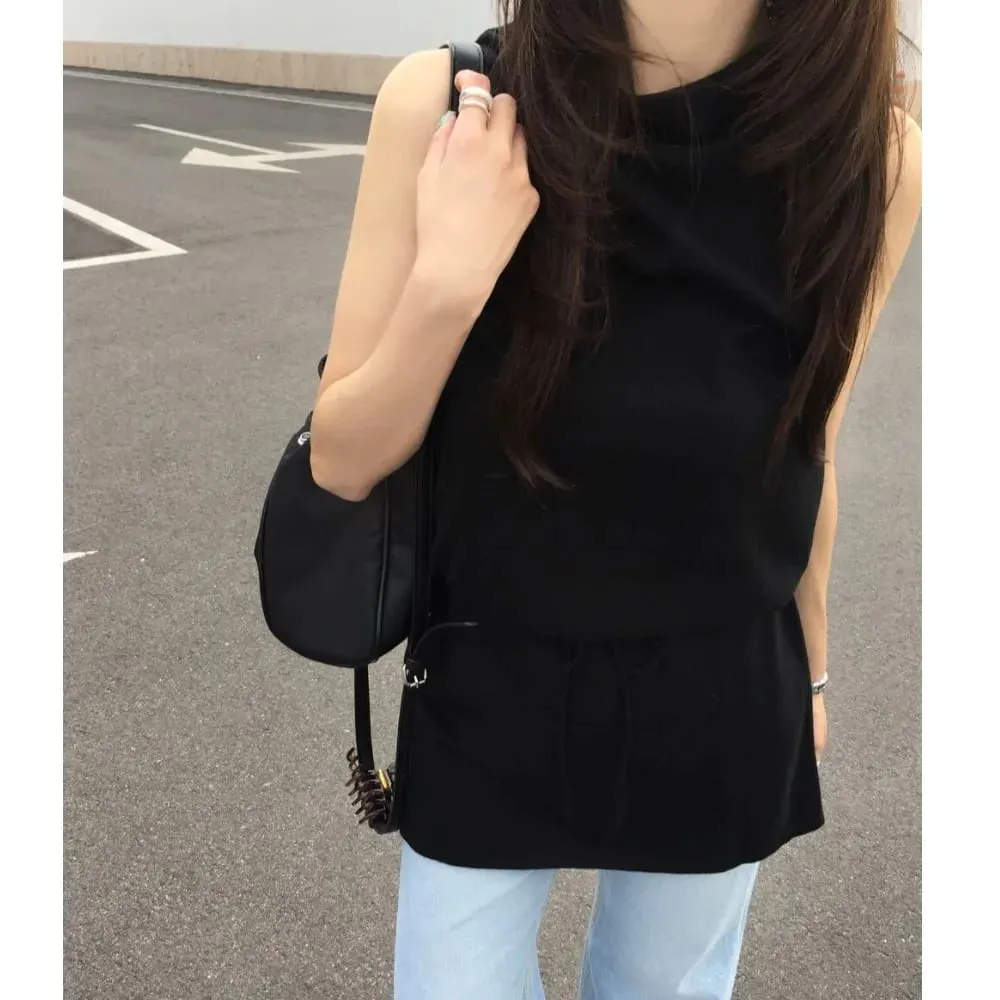 Summer Elegant Drawstring Waist Slimming Sleeveless Short Dress Comfortable Casual Style Women's Clothing Commute Suitable