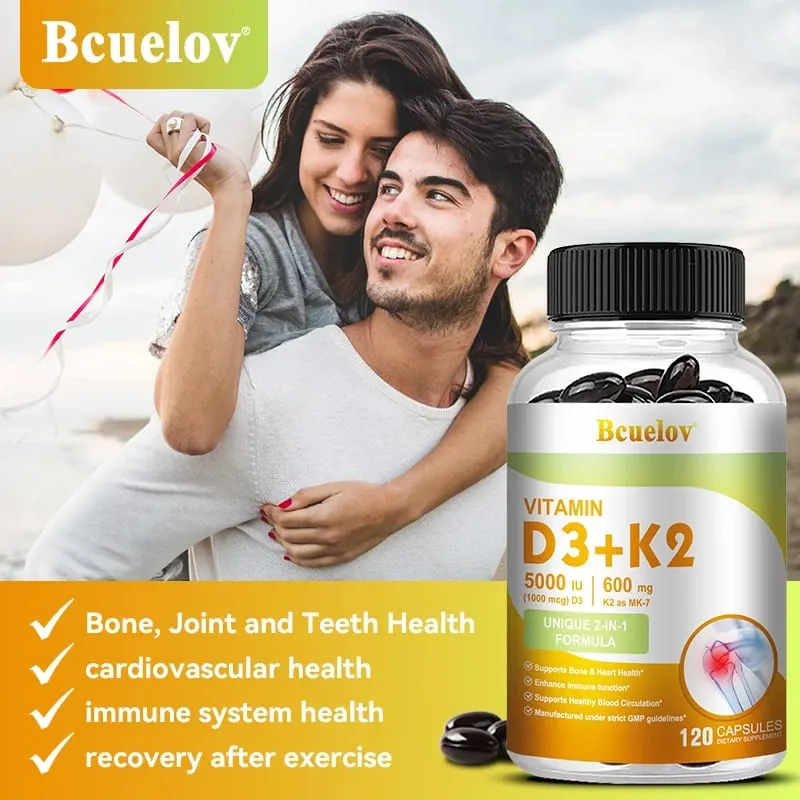 Bcuelov Vitamina D3 + K2 5000 UI Vitamina D3 fórmula não OGM fácil de engolir suplemento dietético complexo de vitamina D e K — image 4