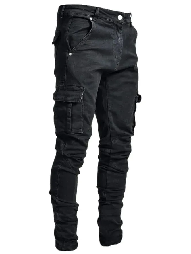 2026 calças jeans masculinas lavar cor sólida multi bolsos denim meados de cintura carga jeans plus size fahsion calças casuais masculino uso diário