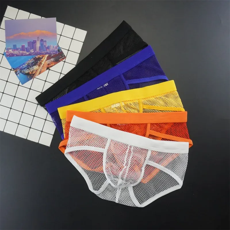 Plus size malha roupa interior masculina transparente grande fishnet u bolsa briefs masculino cintura baixa cor sólida sexy perspectiva calcinha masculina